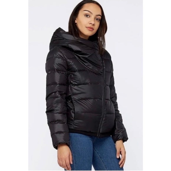 NIKE Hooded Down Puffer Jacket Women's Size XS Asymmetrical Black Winter Coat - Picture 3 of 12